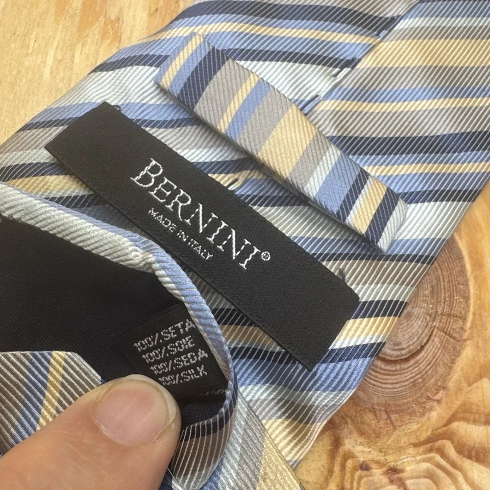 Bernini Neck Tie 100%‎ Silk Regimental Stripe Classic Blue Beige Beach Wedding